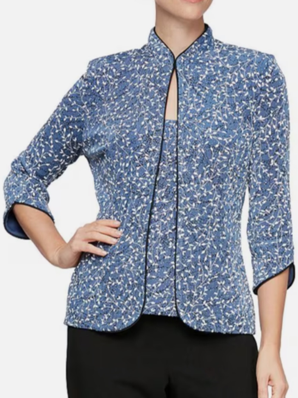 Alex Evenings Petite Dusty Blue Floral Sparkle 2-Piece Twinset - LP